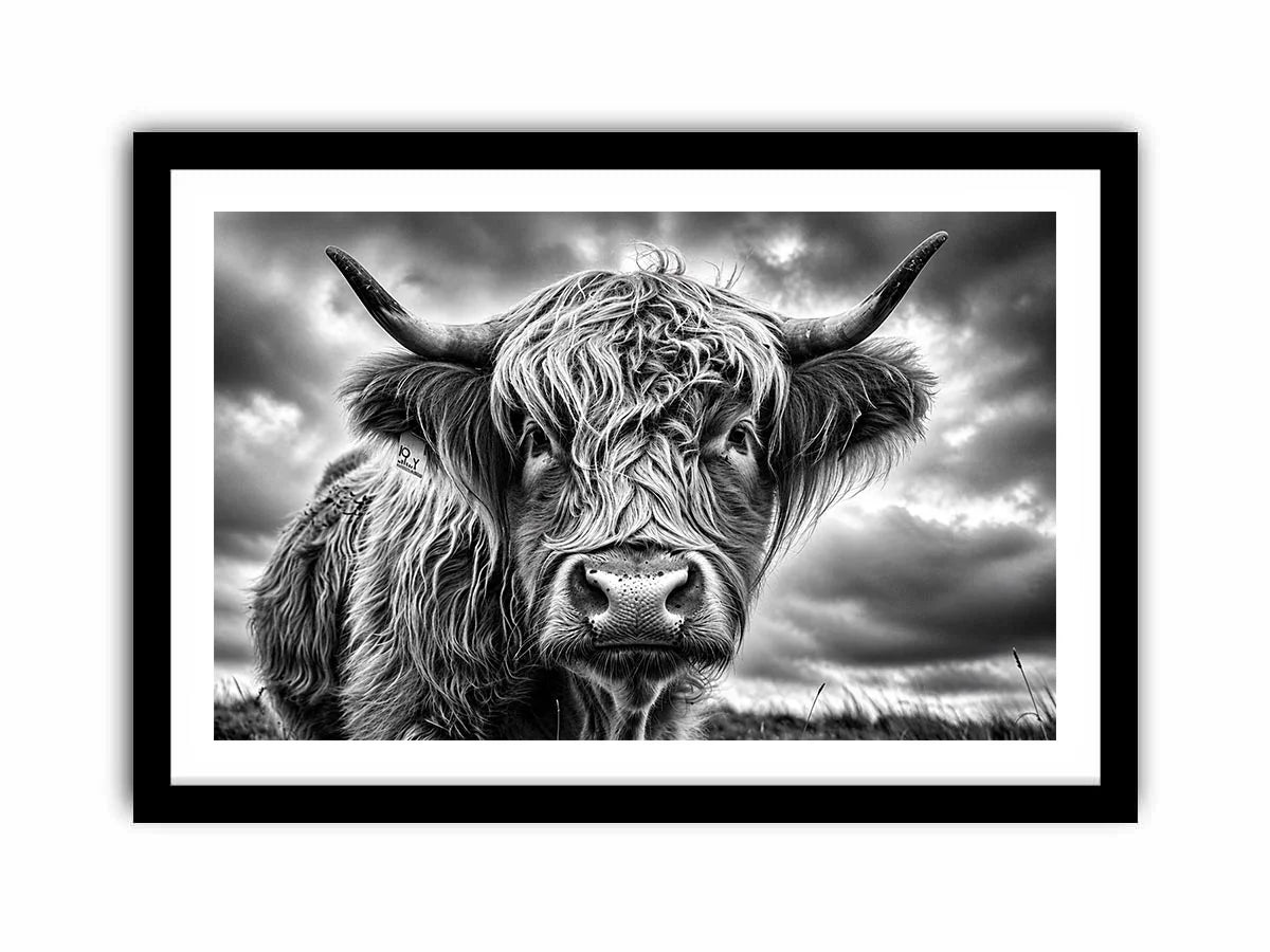 Black and white Highland cow portrait wall art with detailed fur texture and rustic farmhouse aesthetic
