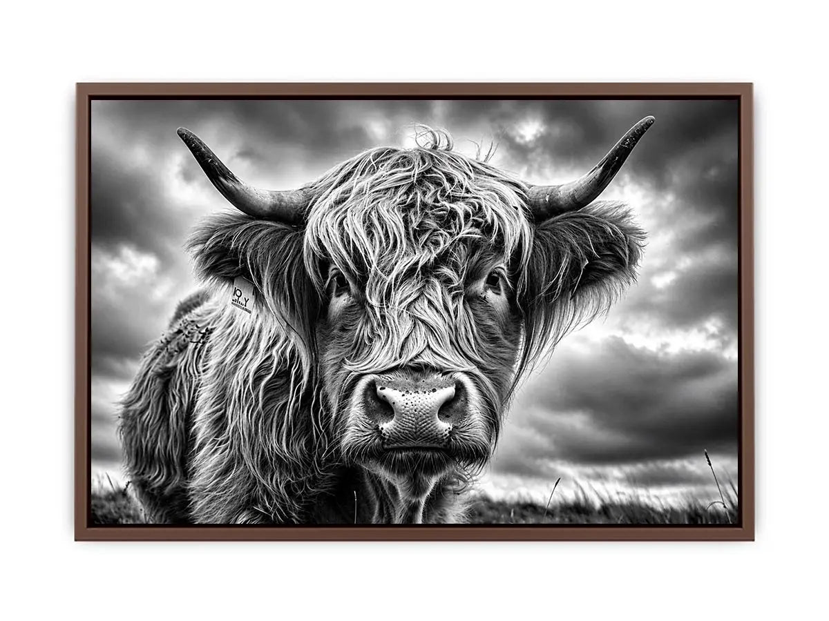 Black and white Highland cow portrait wall art with detailed fur texture and rustic farmhouse aesthetic