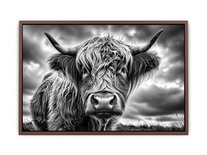 Black and white Highland cow portrait wall art with detailed fur texture and rustic farmhouse aesthetic