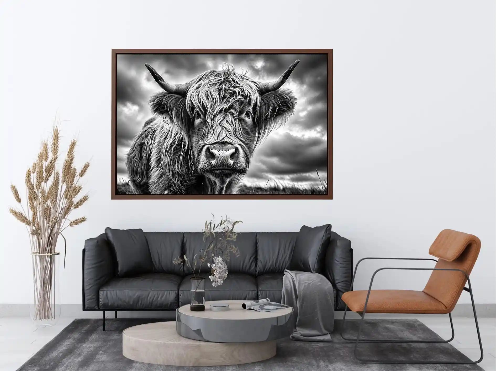 Black and white Highland cow portrait wall art with detailed fur texture and rustic farmhouse aesthetic