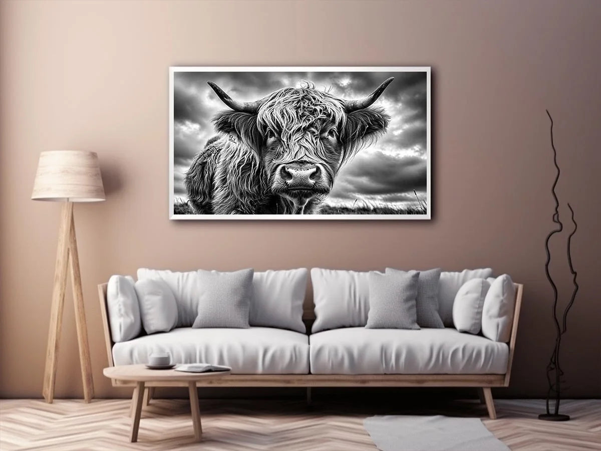 Black and white Highland cow portrait wall art with detailed fur texture and rustic farmhouse aesthetic