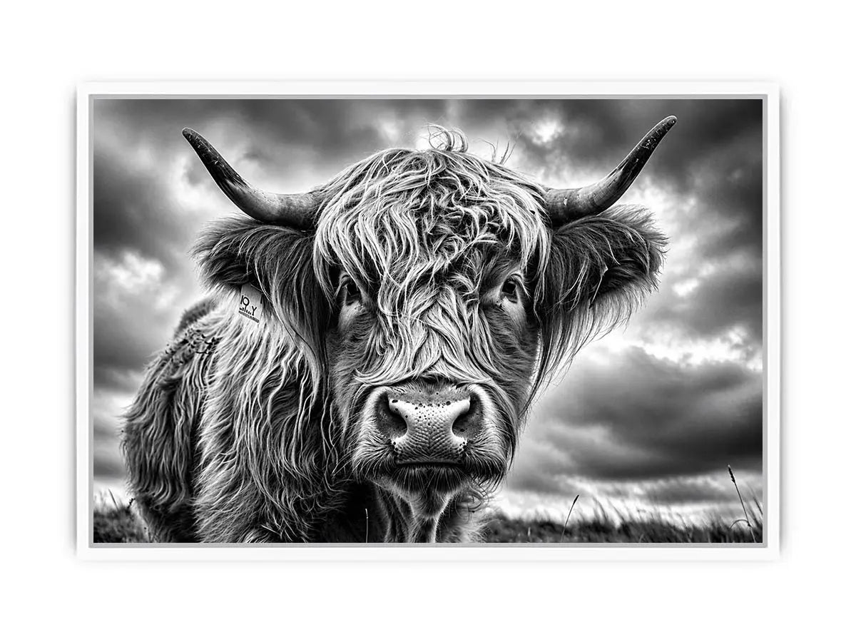 Black and white Highland cow portrait wall art with detailed fur texture and rustic farmhouse aesthetic