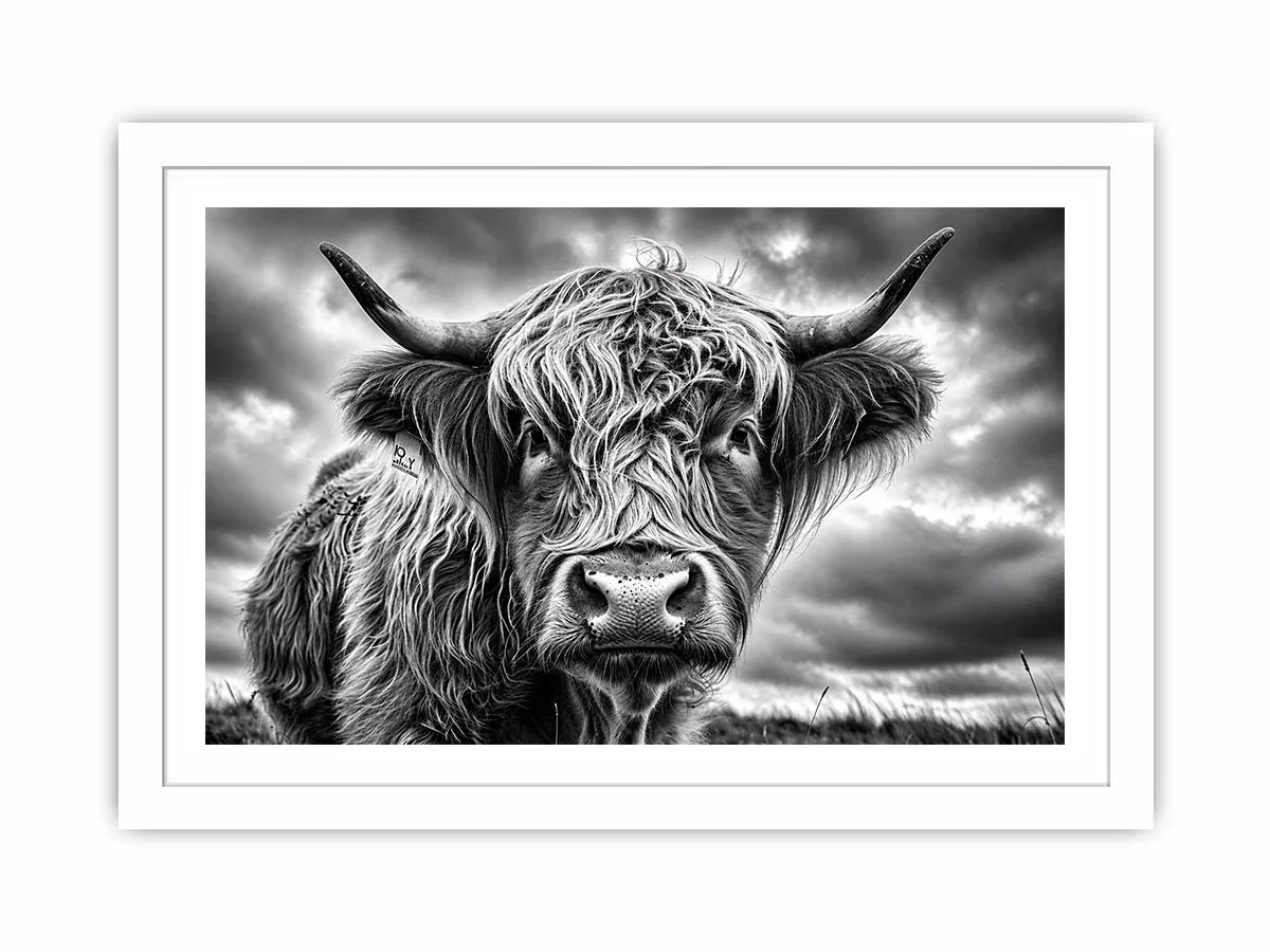 Black and white Highland cow portrait wall art with detailed fur texture and rustic farmhouse aesthetic