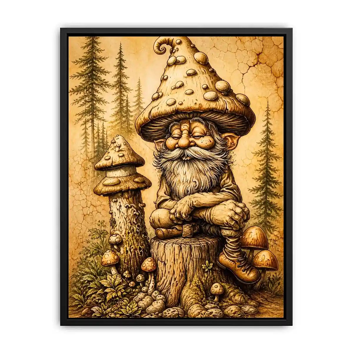 Vintage mushroom gnome illustration wall art in sepia tones with whimsical forest character and rustic cozy aesthetic
