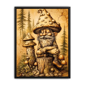 Vintage mushroom gnome illustration wall art in sepia tones with whimsical forest character and rustic cozy aesthetic