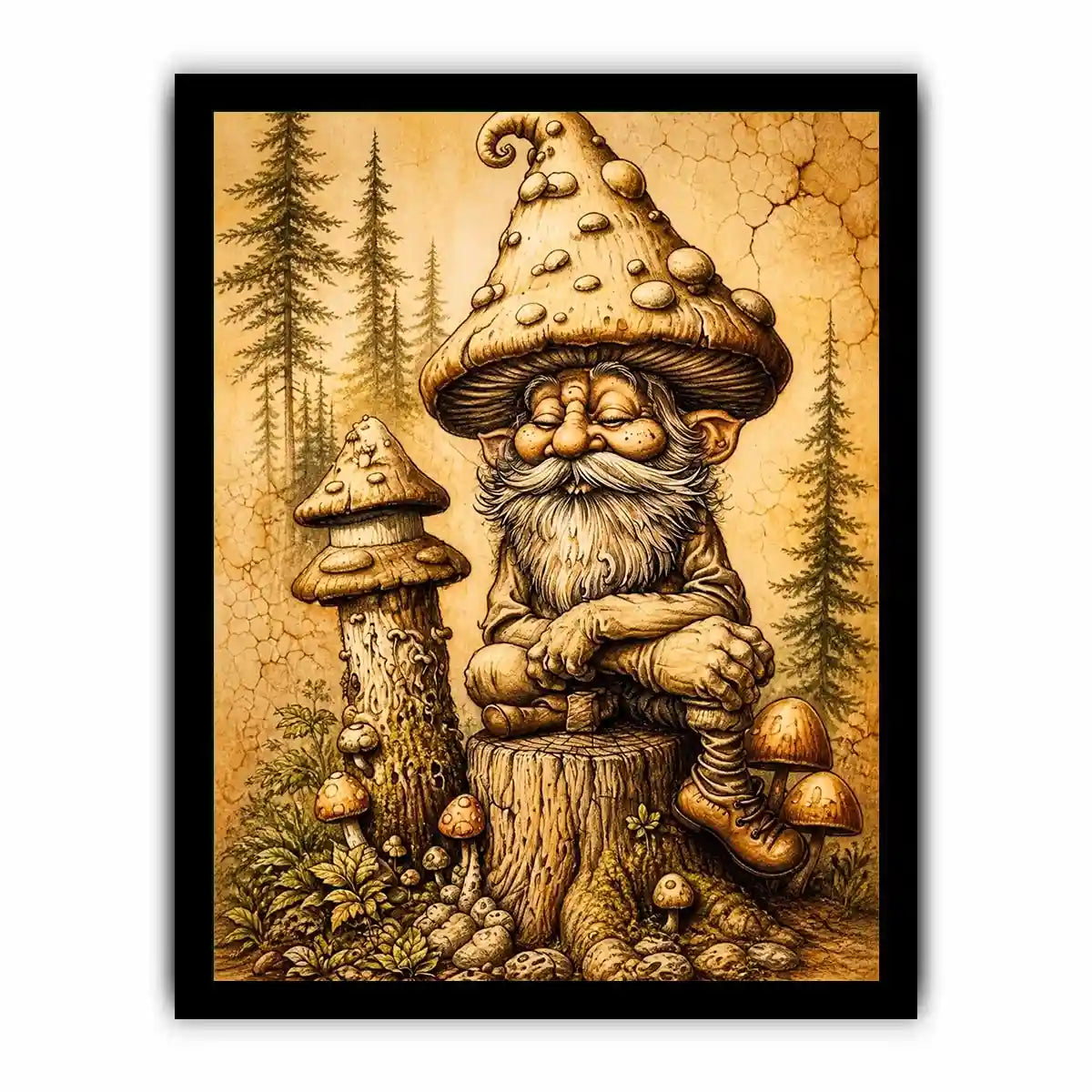 Vintage mushroom gnome illustration wall art in sepia tones with whimsical forest character and rustic cozy aesthetic