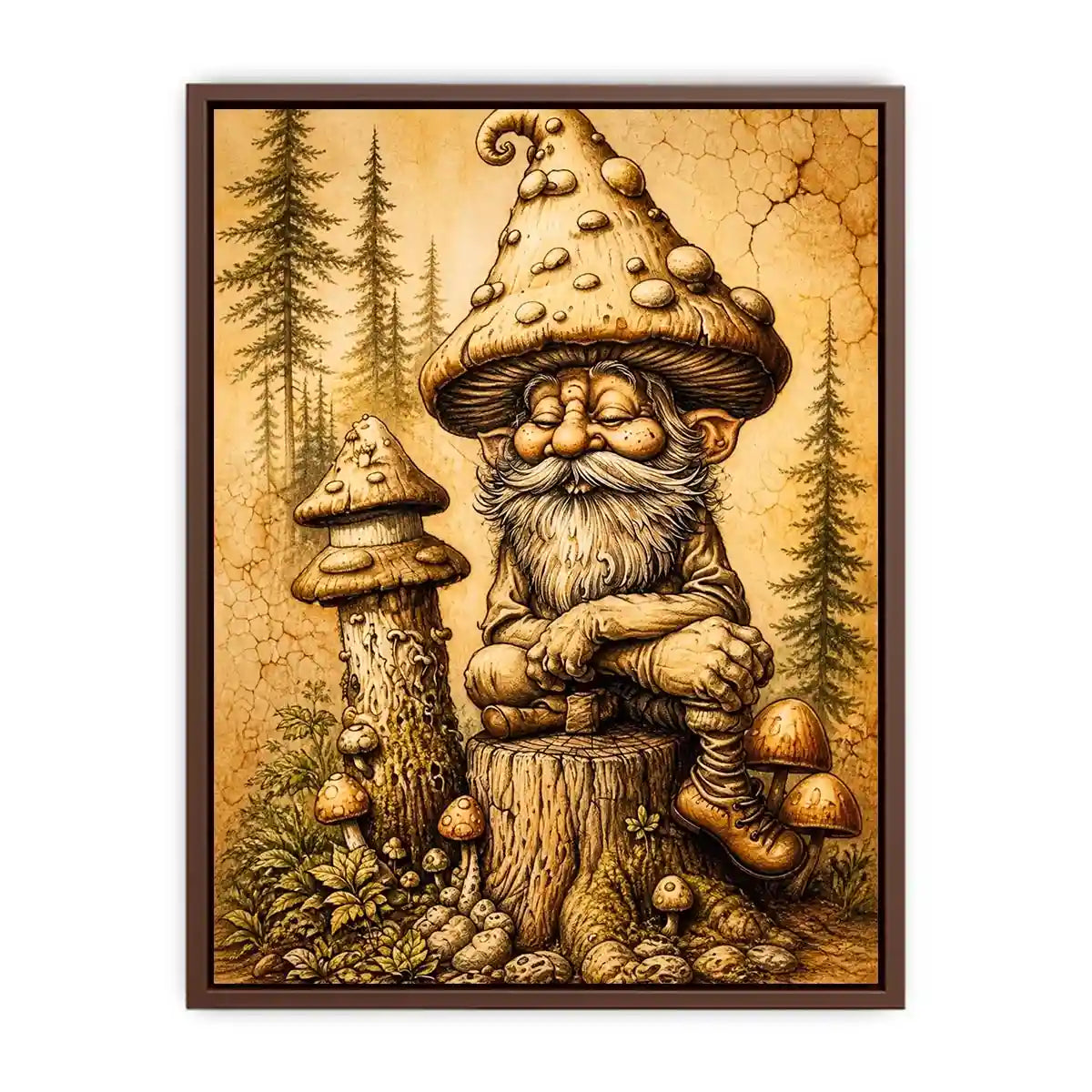 Vintage mushroom gnome illustration wall art in sepia tones with whimsical forest character and rustic cozy aesthetic