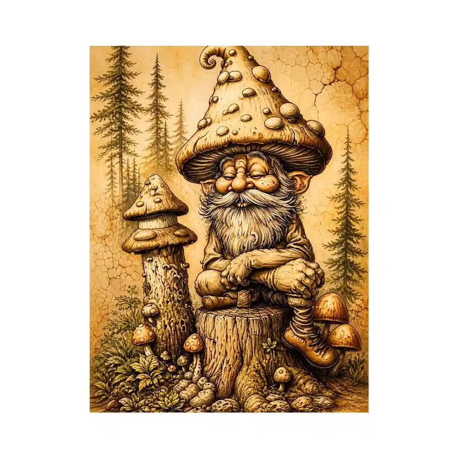 Vintage mushroom gnome illustration wall art in sepia tones with whimsical forest character and rustic cozy aesthetic