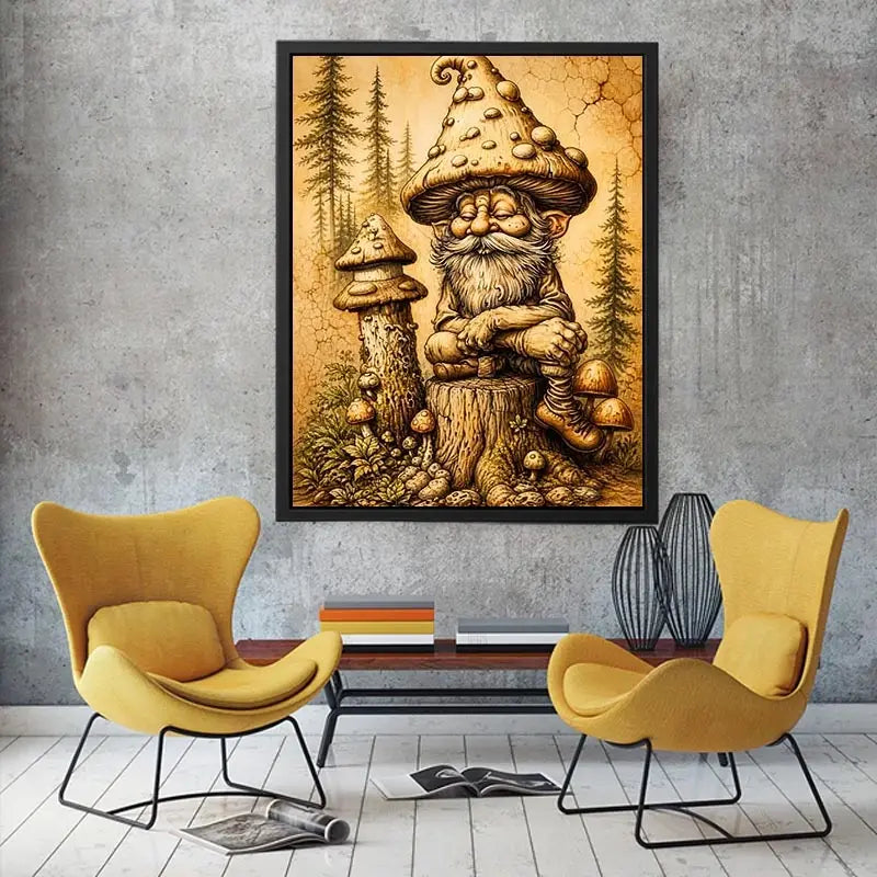 Vintage mushroom gnome illustration wall art in sepia tones with whimsical forest character and rustic cozy aesthetic