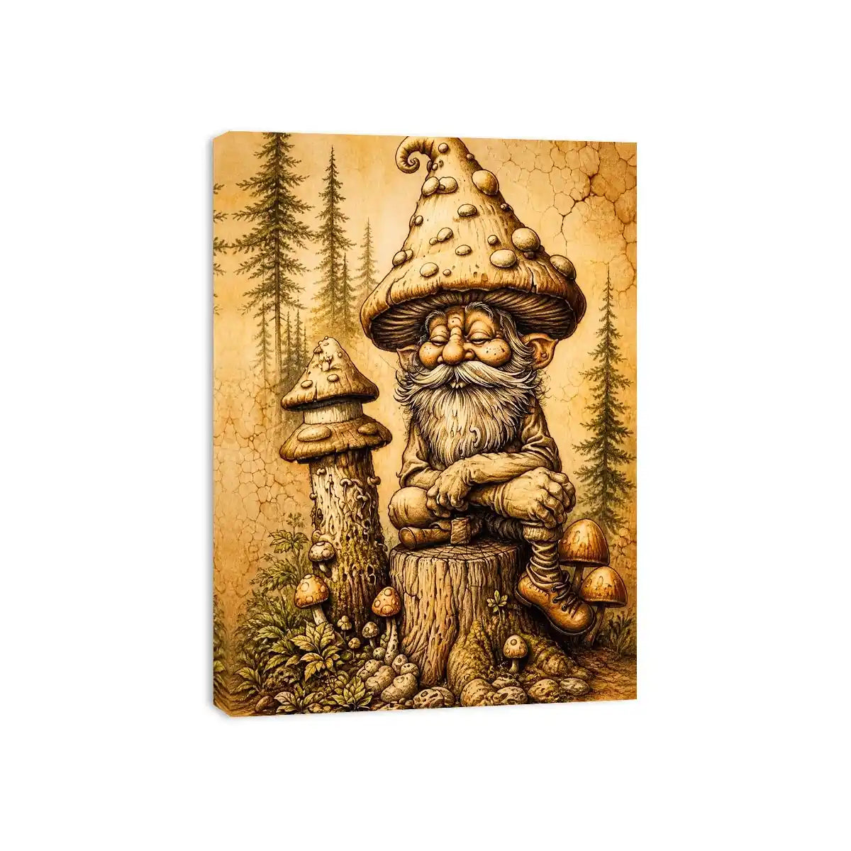 Vintage mushroom gnome illustration wall art in sepia tones with whimsical forest character and rustic cozy aesthetic