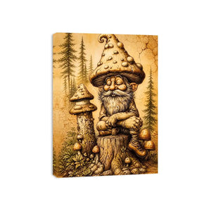 Vintage mushroom gnome illustration wall art in sepia tones with whimsical forest character and rustic cozy aesthetic