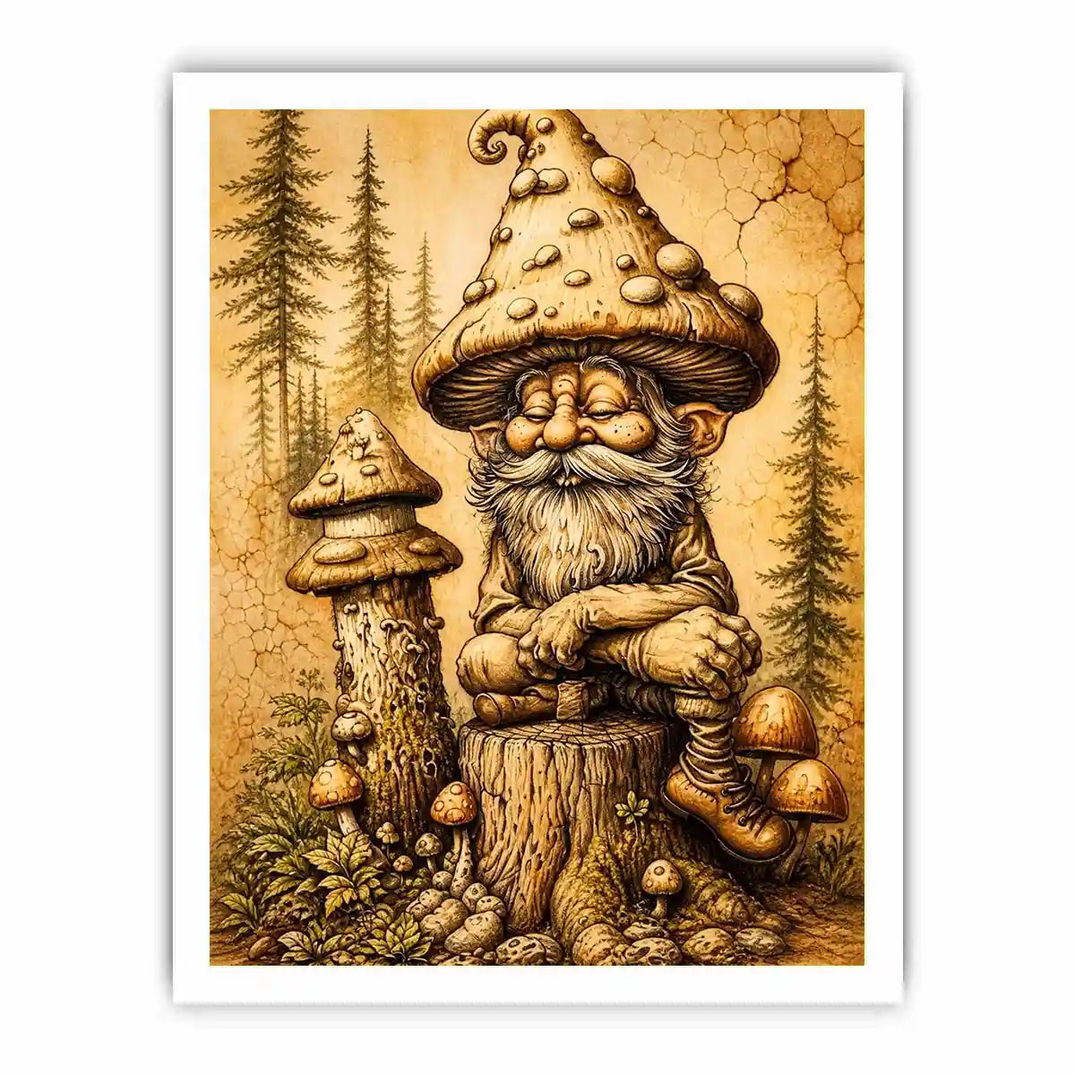 Vintage mushroom gnome illustration wall art in sepia tones with whimsical forest character and rustic cozy aesthetic