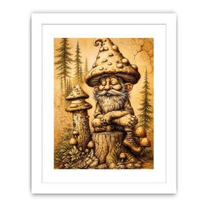Vintage mushroom gnome illustration wall art in sepia tones with whimsical forest character and rustic cozy aesthetic