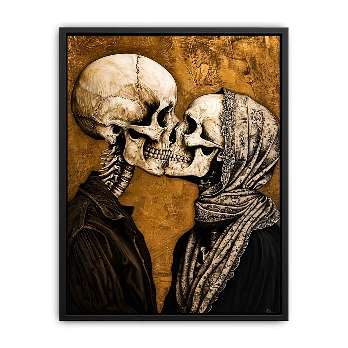 Gothic skeleton couple kissing romantic skull wall art vintage style canvas