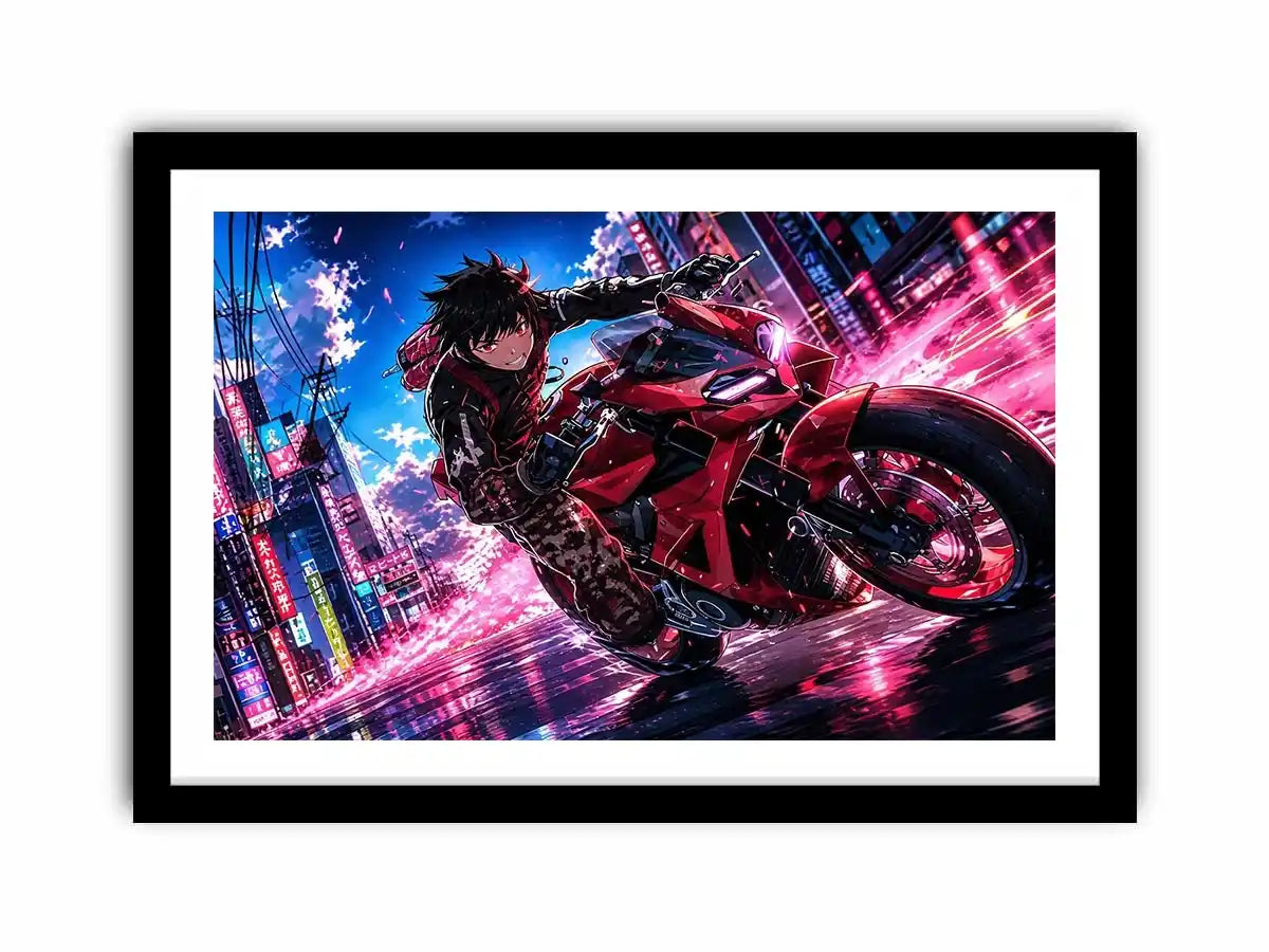 Anime biker riding red motorcycle cyberpunk style dynamic action wall art