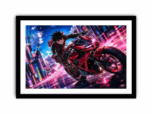 Anime biker riding red motorcycle cyberpunk style dynamic action wall art