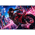 Anime biker riding red motorcycle cyberpunk style dynamic action wall art