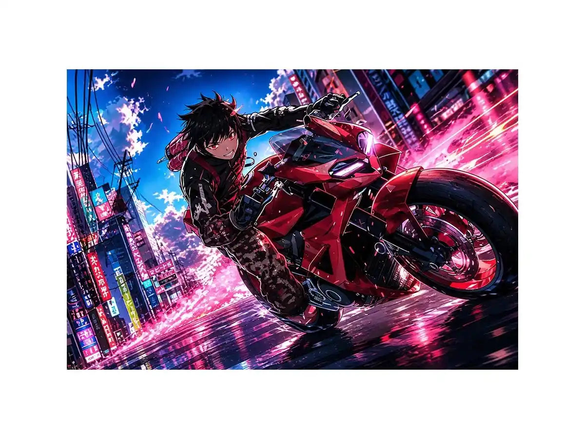Anime biker riding red motorcycle cyberpunk style dynamic action wall art