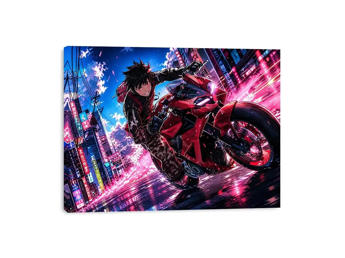 Anime biker riding red motorcycle cyberpunk style dynamic action wall art