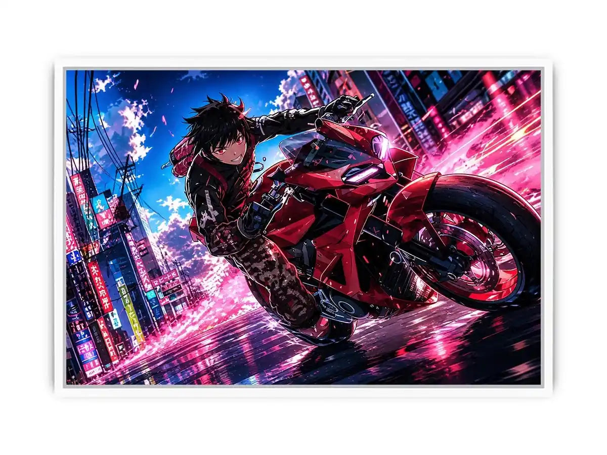 Anime biker riding red motorcycle cyberpunk style dynamic action wall art