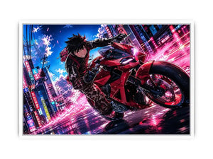 Anime biker riding red motorcycle cyberpunk style dynamic action wall art