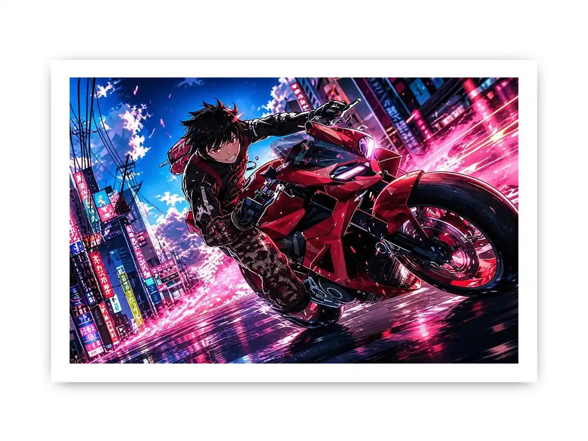 Anime biker riding red motorcycle cyberpunk style dynamic action wall art