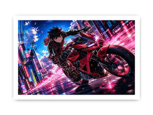 Anime biker riding red motorcycle cyberpunk style dynamic action wall art
