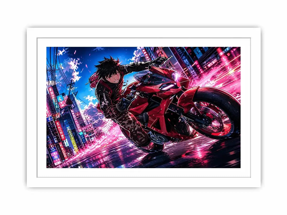 Anime biker riding red motorcycle cyberpunk style dynamic action wall art