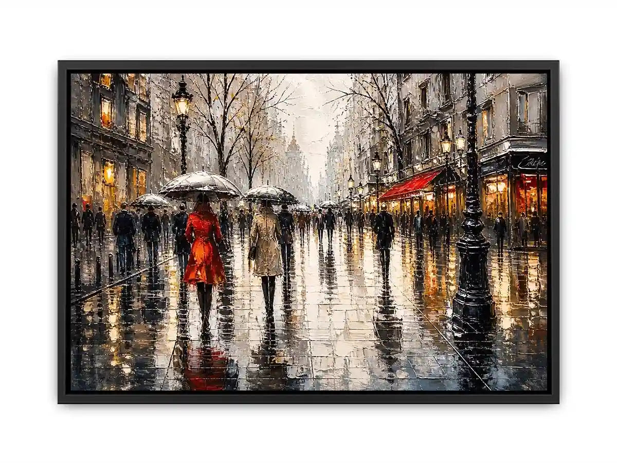 Abstract rainy city street painting with umbrellas modern wall art canvas
