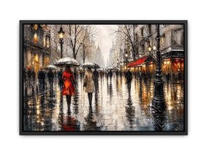 Abstract rainy city street painting with umbrellas modern wall art canvas
