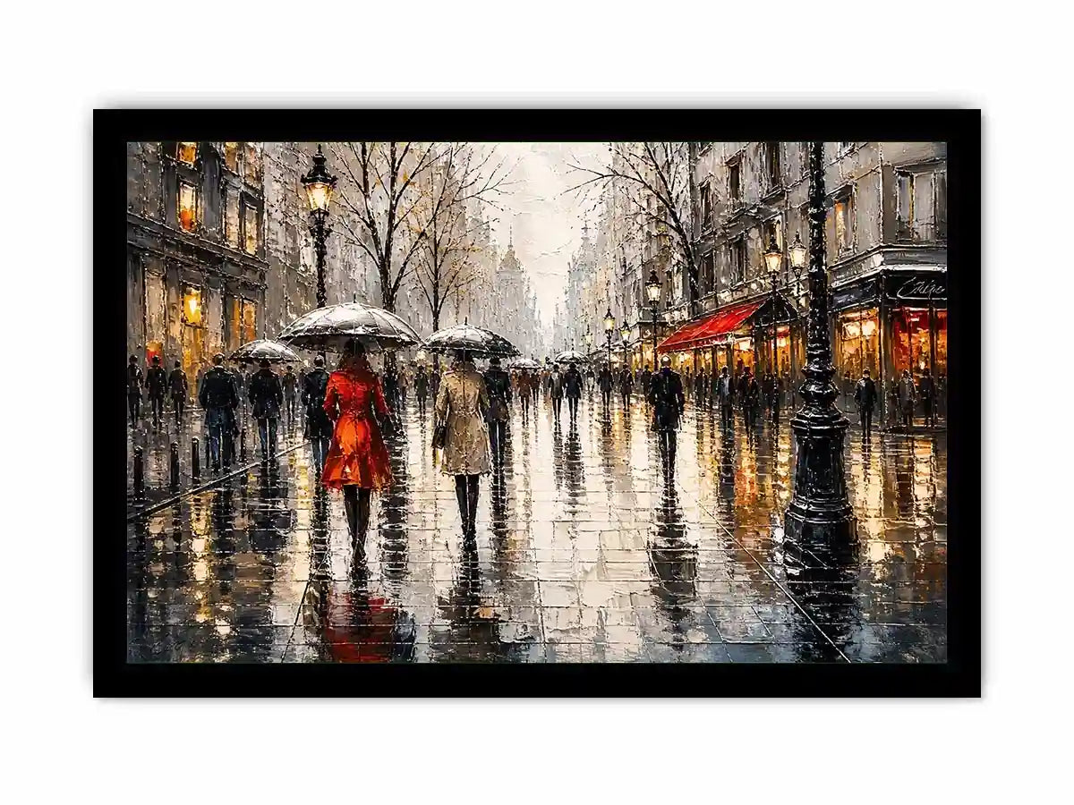 Abstract rainy city street painting with umbrellas modern wall art canvas