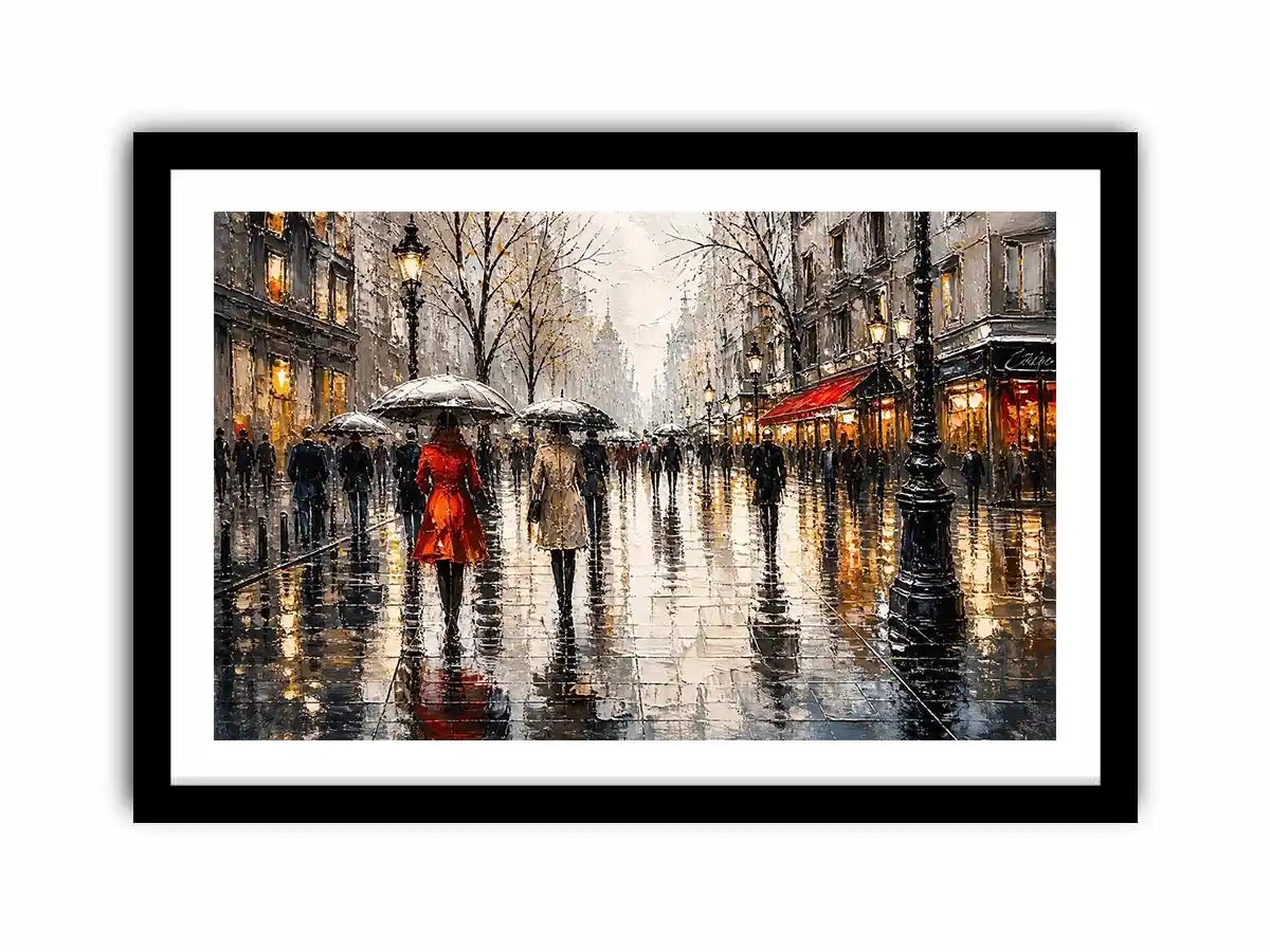 Abstract rainy city street painting with umbrellas modern wall art canvas