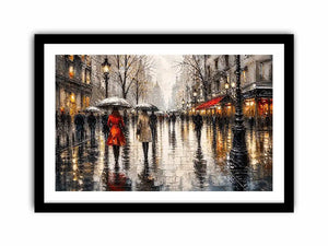 Abstract rainy city street painting with umbrellas modern wall art canvas