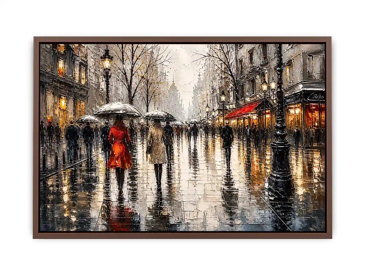 Abstract rainy city street painting with umbrellas modern wall art canvas
