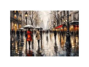 Abstract rainy city street painting with umbrellas modern wall art canvas