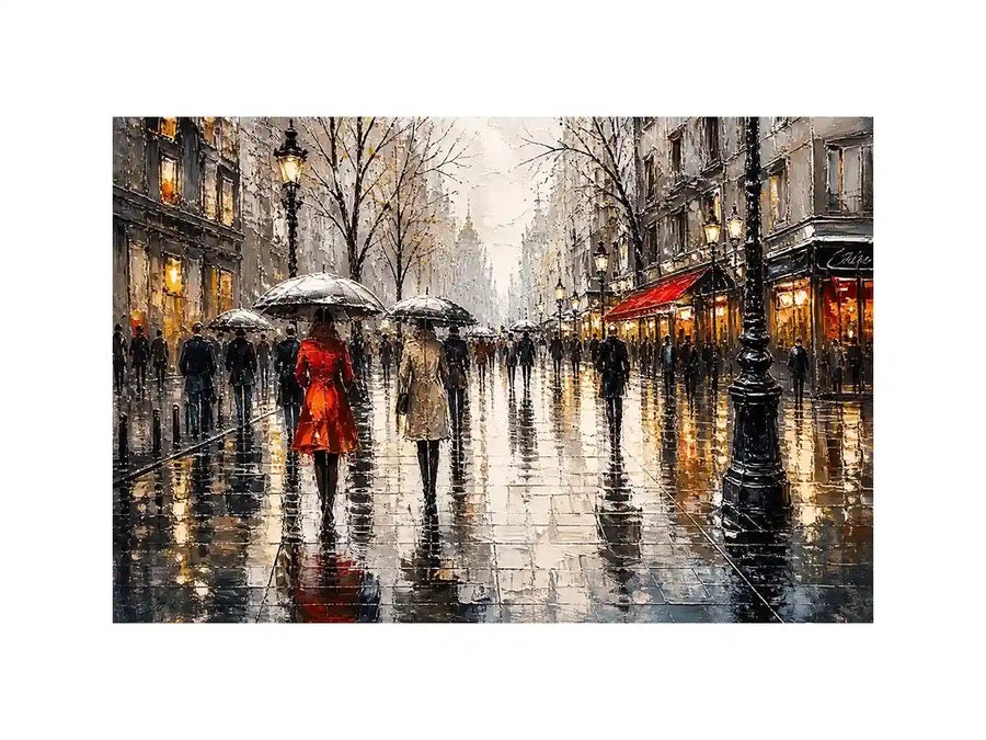 Abstract rainy city street painting with umbrellas modern wall art canvas