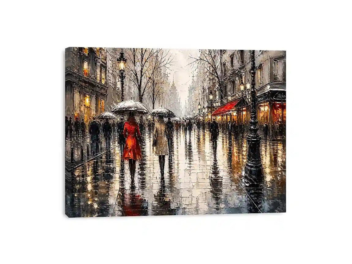 Abstract rainy city street painting with umbrellas modern wall art canvas