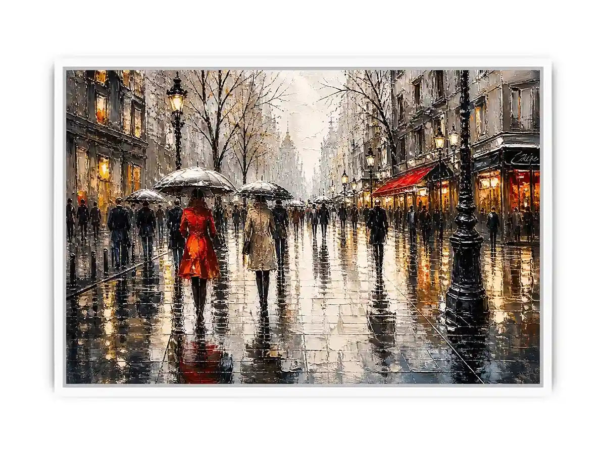 Abstract rainy city street painting with umbrellas modern wall art canvas