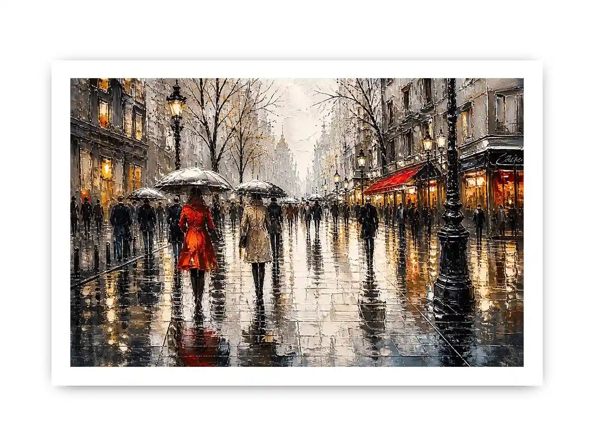 Abstract rainy city street painting with umbrellas modern wall art canvas