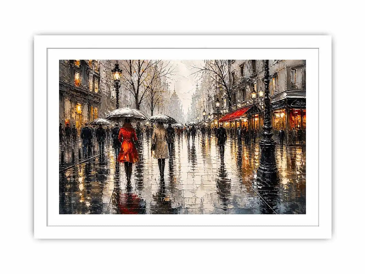 Abstract rainy city street painting with umbrellas modern wall art canvas