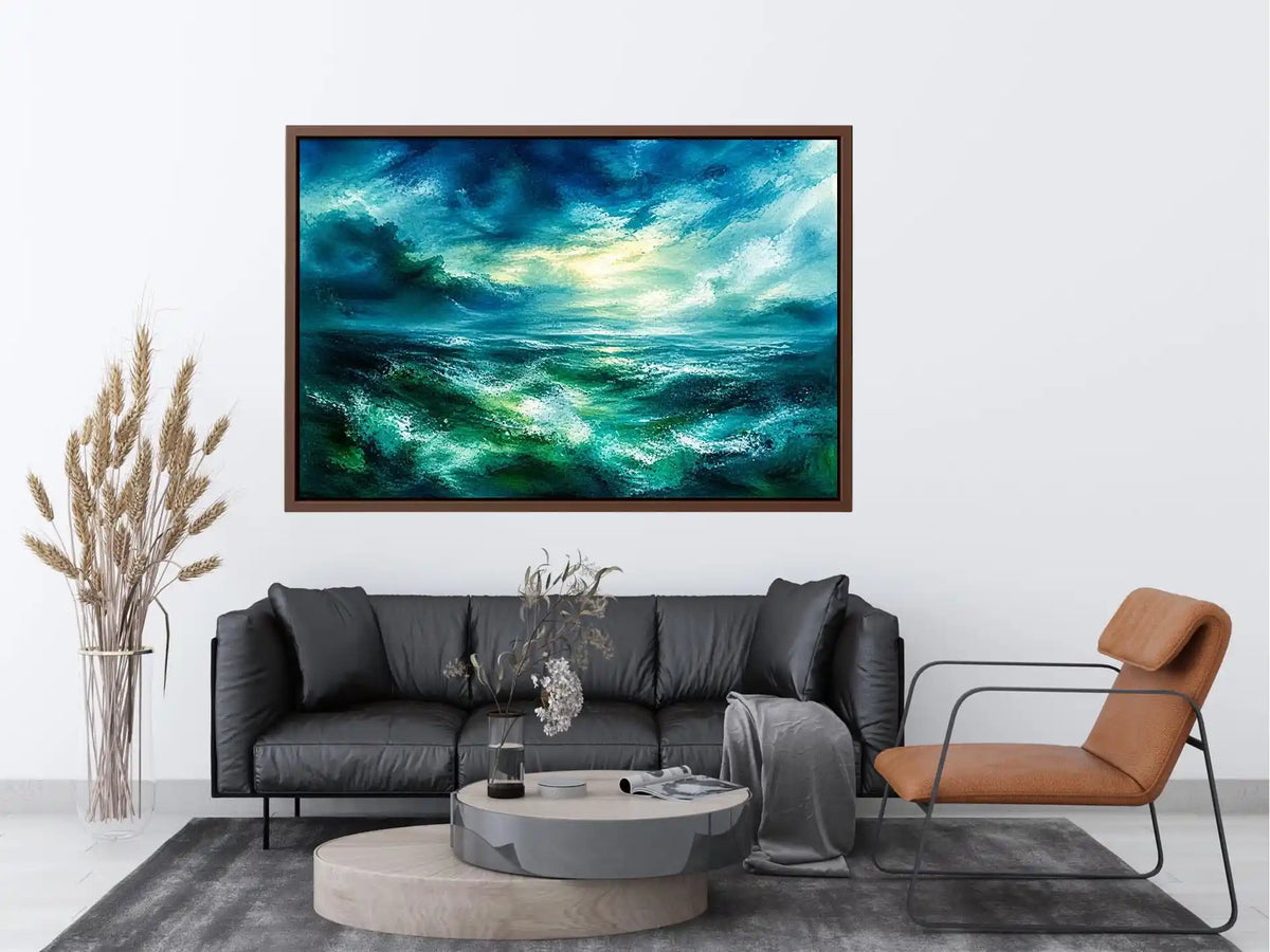 Abstract teal ocean painting calming modern seascape wall art canvas