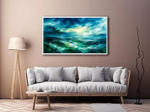 Abstract teal ocean painting calming modern seascape wall art canvas