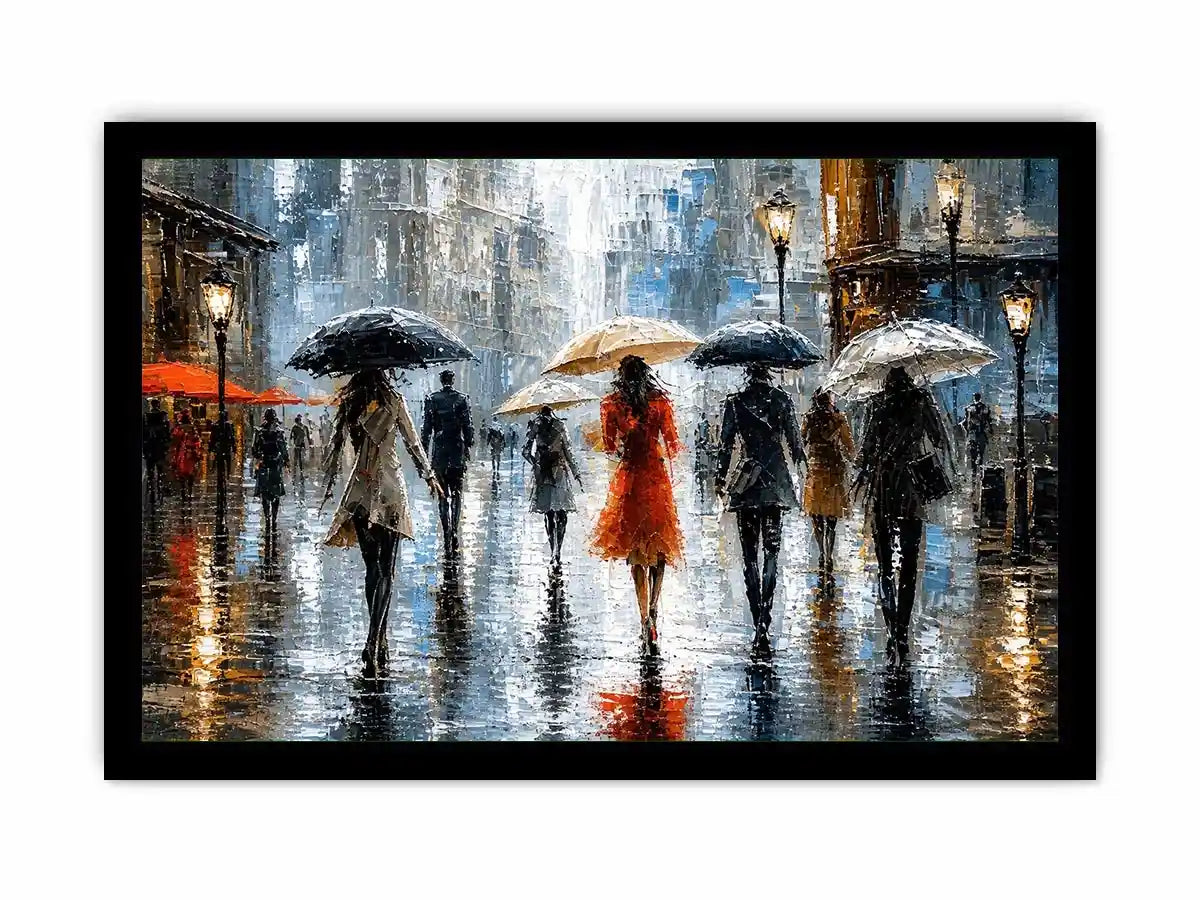 Abstract rainy city painting with elegant figures and umbrellas in neutral tones with red accents modern wall art