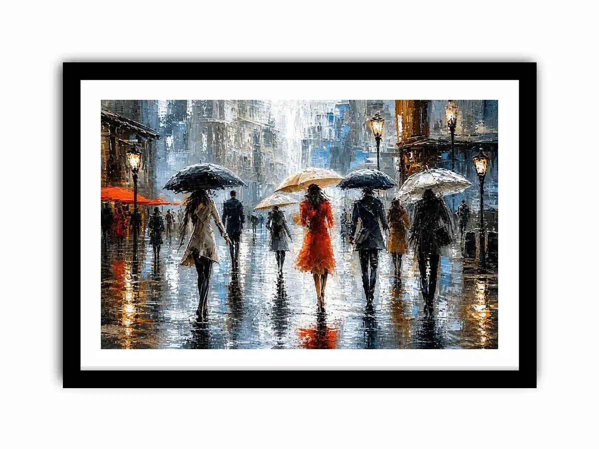 Abstract rainy city painting with elegant figures and umbrellas in neutral tones with red accents modern wall art