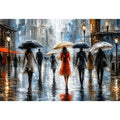 Abstract rainy city painting with elegant figures and umbrellas in neutral tones with red accents modern wall art