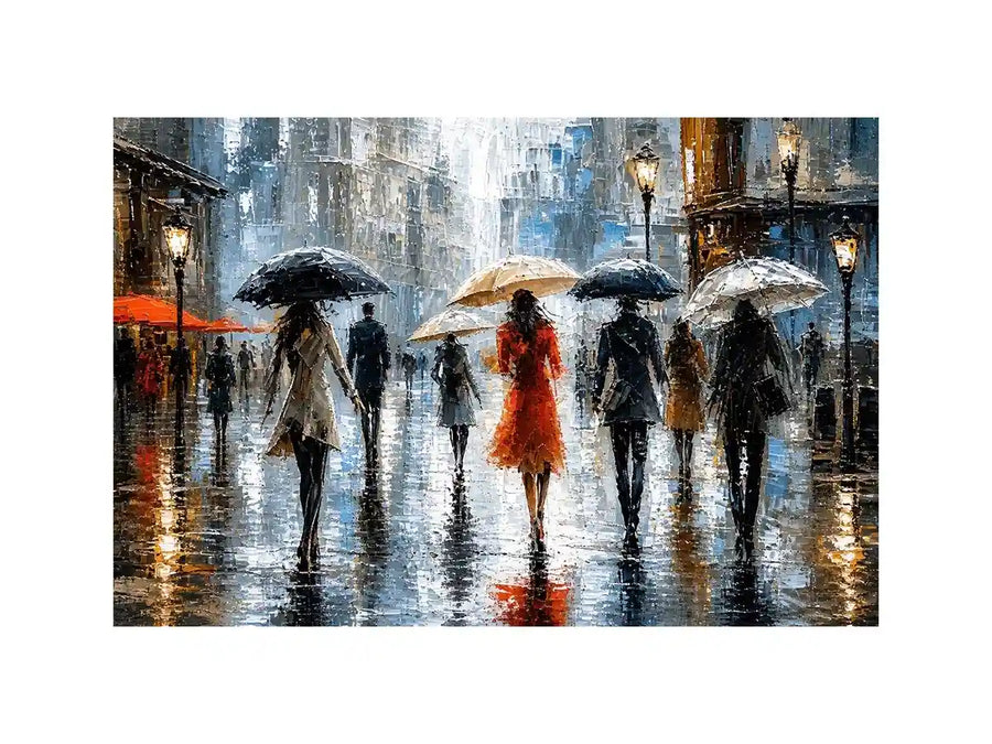Abstract rainy city painting with elegant figures and umbrellas in neutral tones with red accents modern wall art