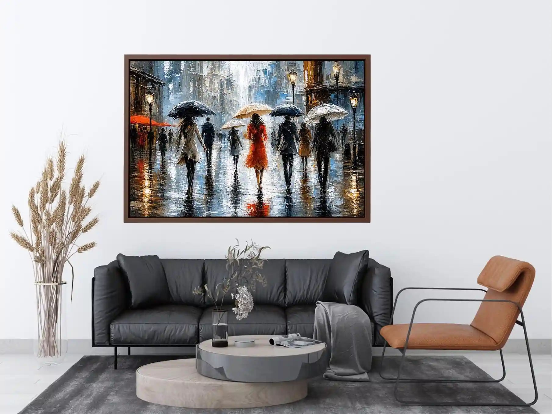 Abstract rainy city painting with elegant figures and umbrellas in neutral tones with red accents modern wall art