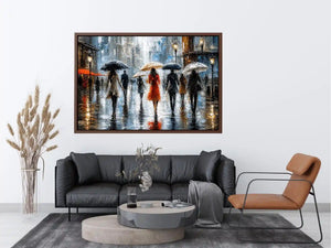 Abstract rainy city painting with elegant figures and umbrellas in neutral tones with red accents modern wall art