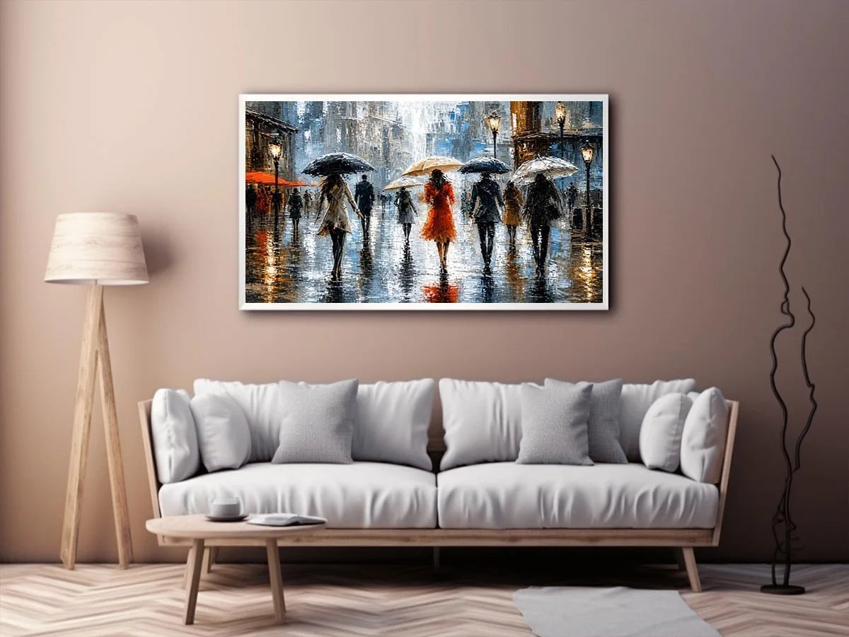 Abstract rainy city painting with elegant figures and umbrellas in neutral tones with red accents modern wall art