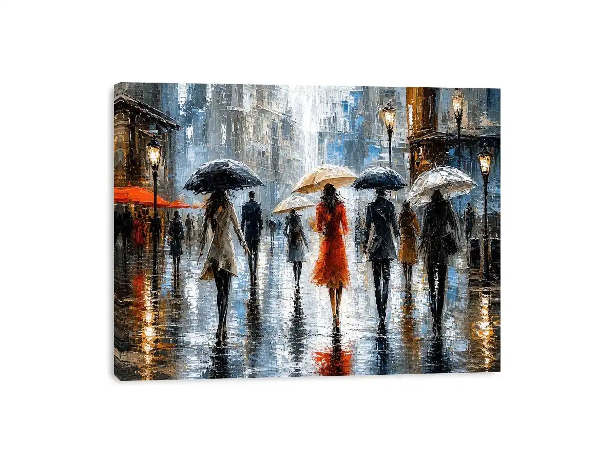 Abstract rainy city painting with elegant figures and umbrellas in neutral tones with red accents modern wall art